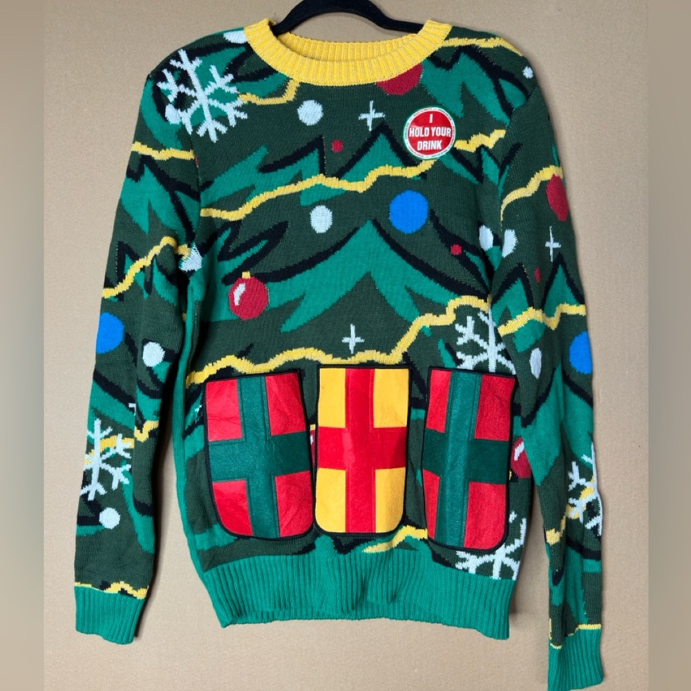 Ugly Christmas Sweater Presents Under the Tree with Drink Pocket Size M